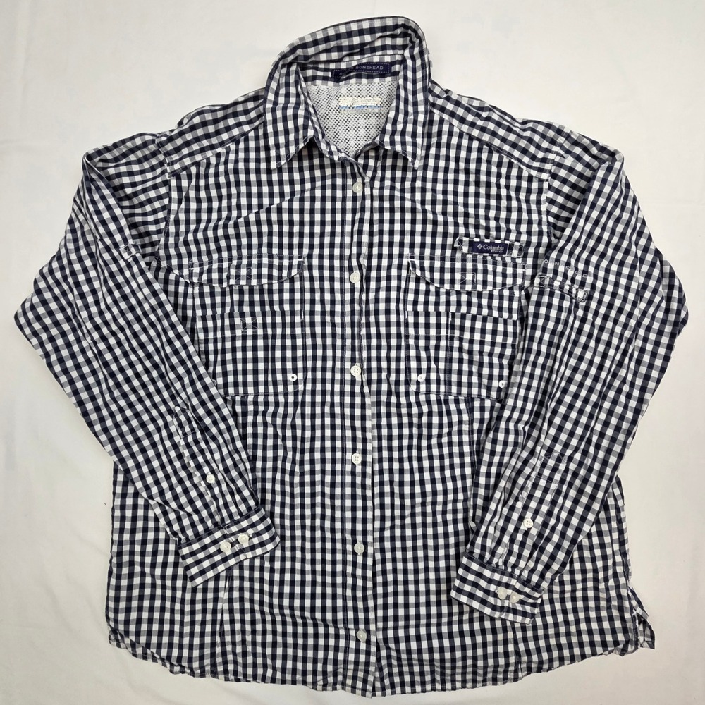 Columbia Womens Super Bonehead PFG Shirt XL Blue Gingham Fishing Hiking Vented